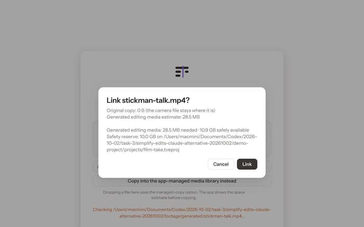 The Link dialog showing the generated editing media estimate and the safety reserve