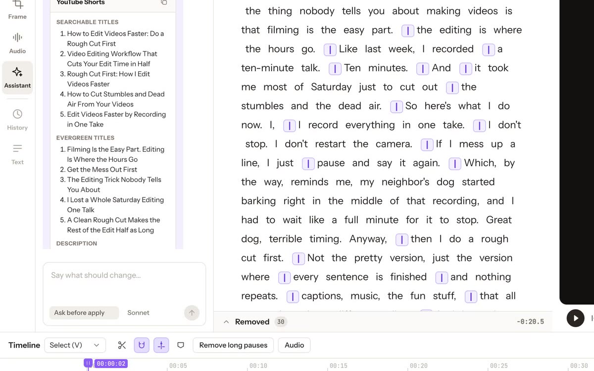 Generated title options in the Assistant panel