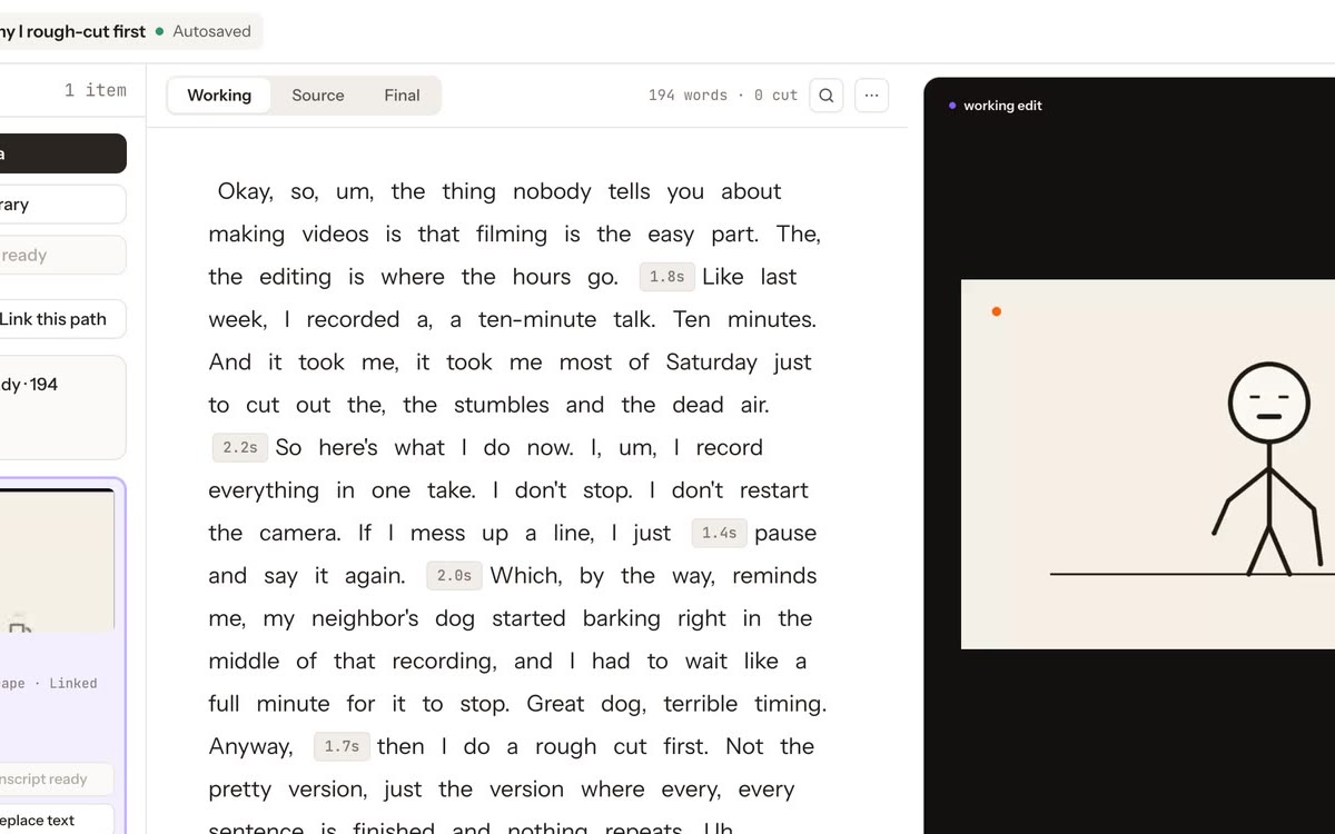 The Simplify Edits editor with the Working transcript, the preview and the timeline